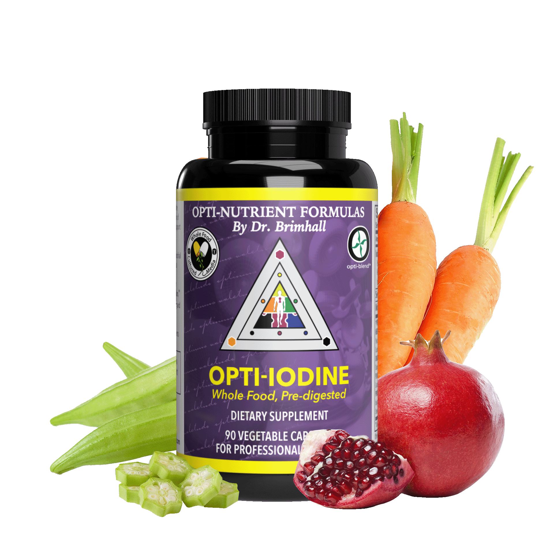 Image of a bottle of Opti-Nutrients Opti-Iodine. In the image is a pomegranate, some carrots, and okra.