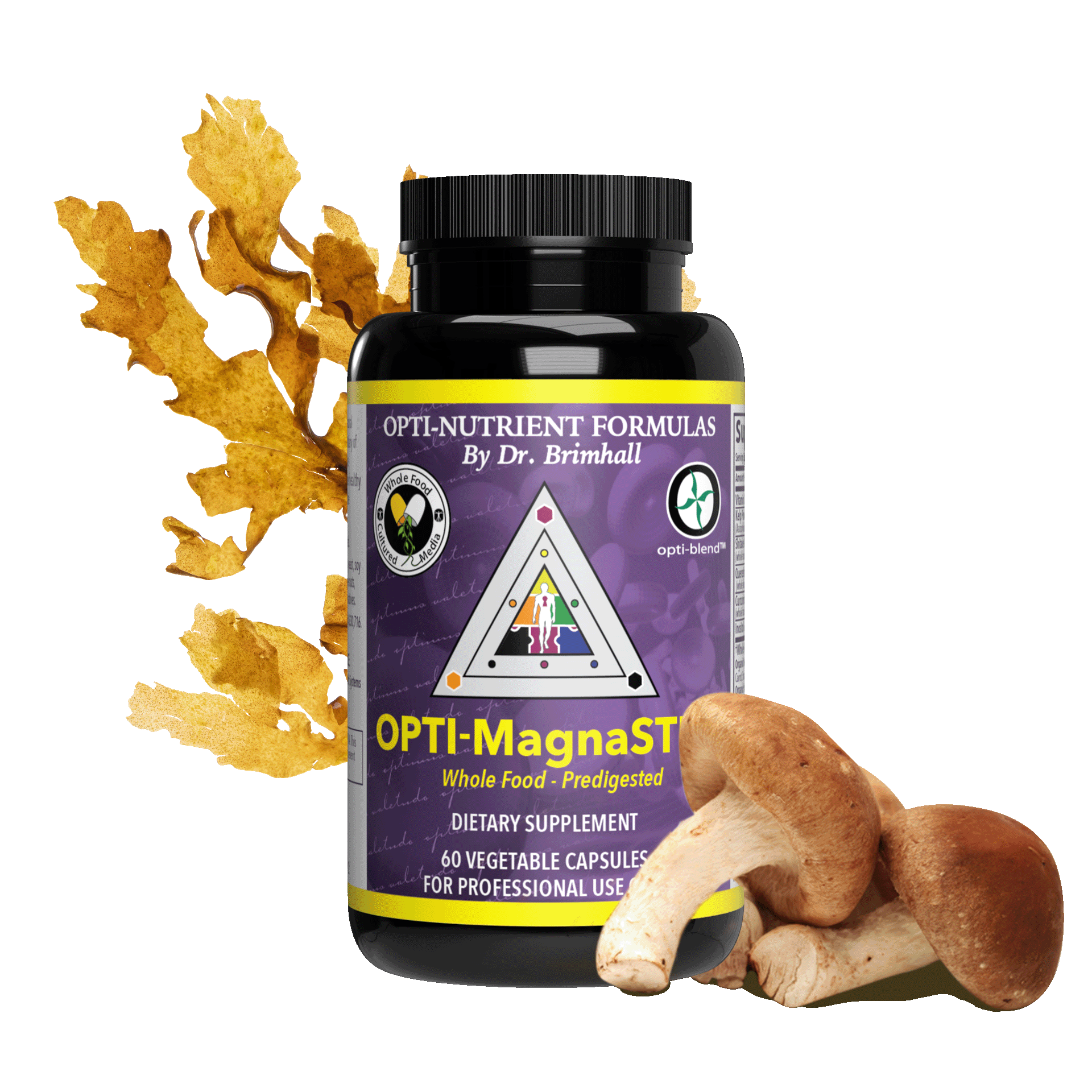 Image of a bottle of Opti-MagnaSTEM with mushrooms and kelp around the bottle.