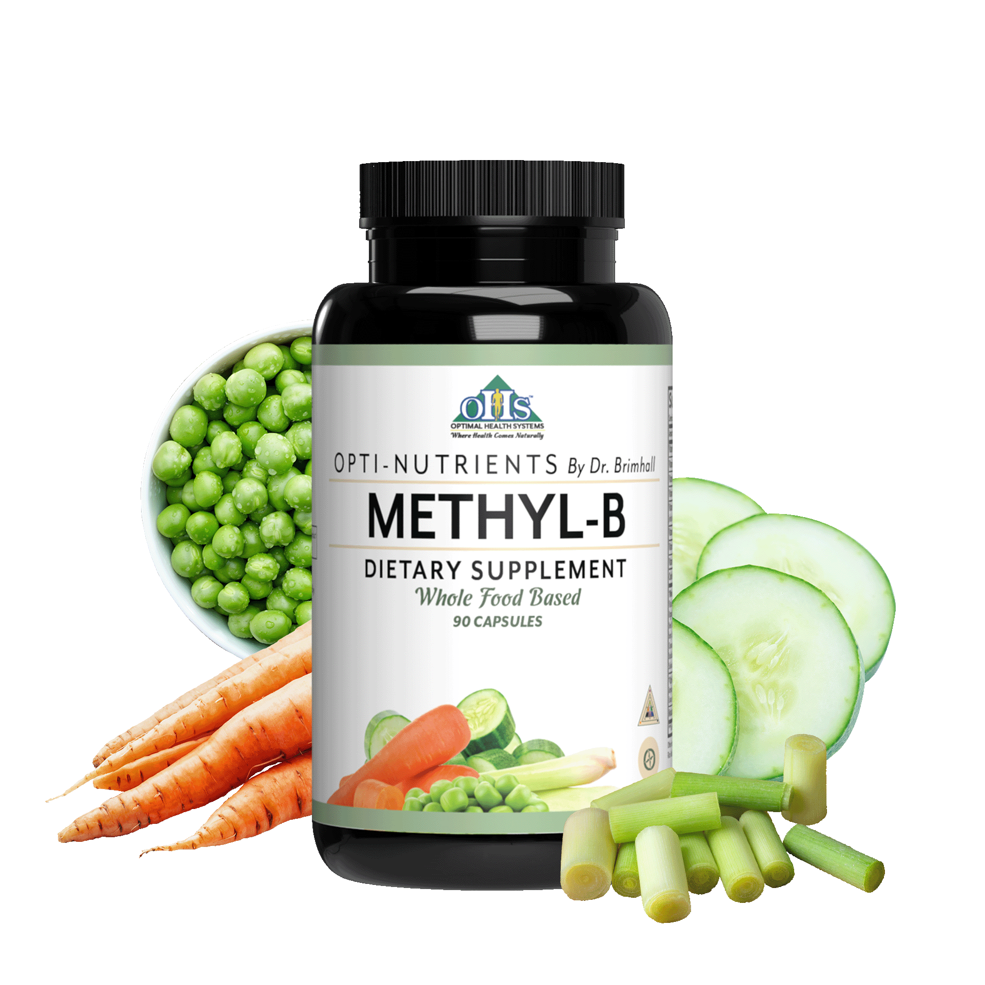 Image of a bottle of Opti-Nutrients Methyl-B. Around the bottle are Peas, carrots, cucumbers, and lemongrass.