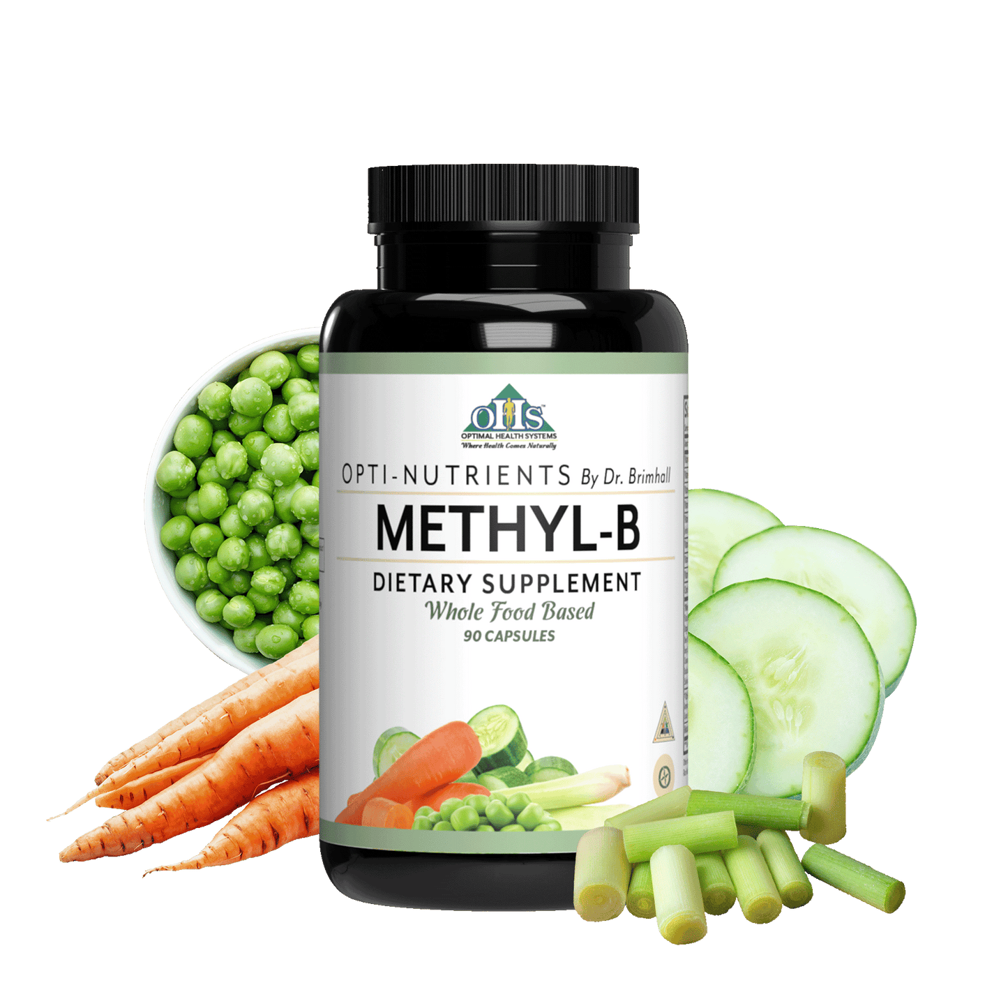 Image of a bottle of Opti-Nutrients Methyl-B. Around the bottle are Peas, carrots, cucumbers, and lemongrass.