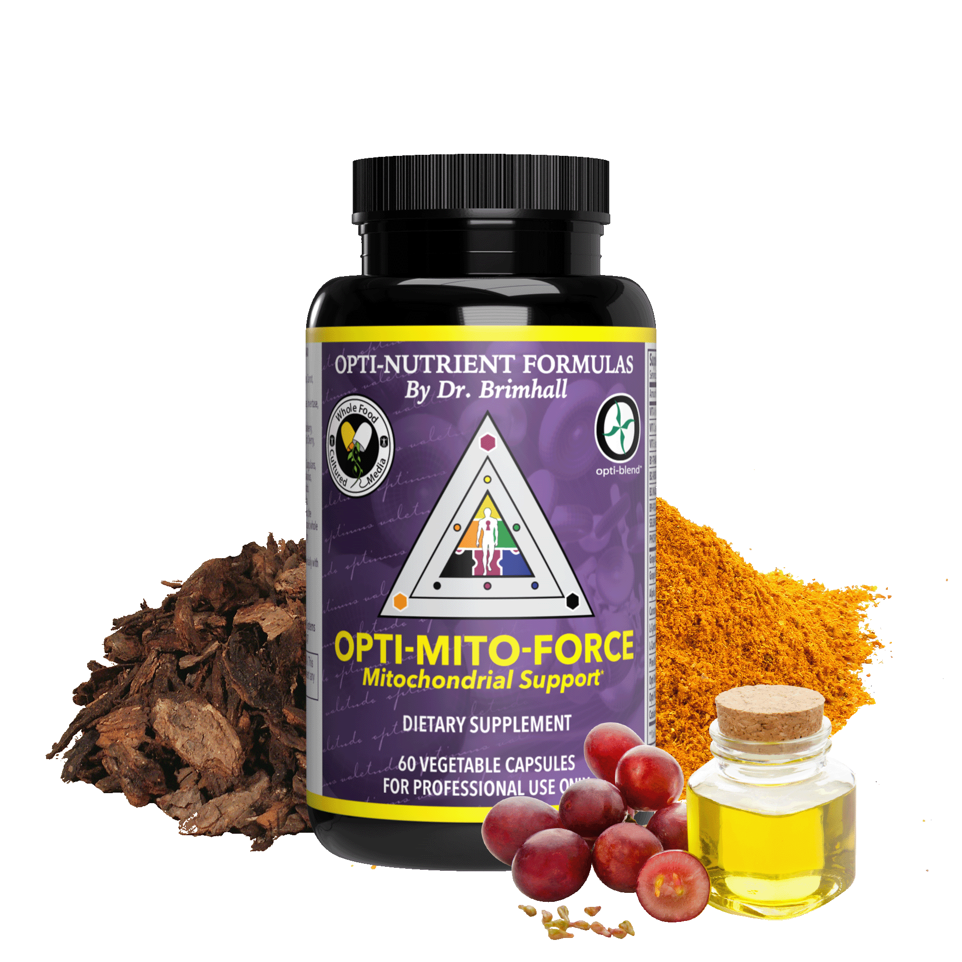 Image of a bottle of Opti-Nutrients Opti-Mito-Force. Around the bottle are Red grapes, grape seeds, and grapeseed oil. Some turmeric powder and pine bark.