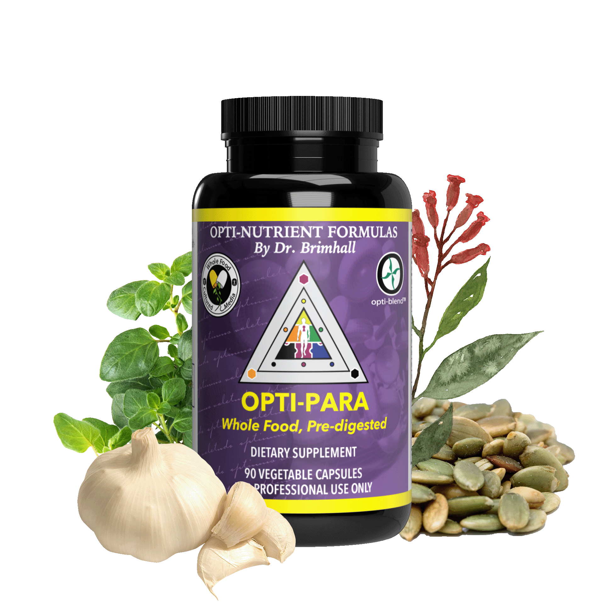 Image of a bottle of Opti-Nutrients Opti-Para. Around the bottle are Garlic, pumpkin seeds, clove flower, and oregano leaf.