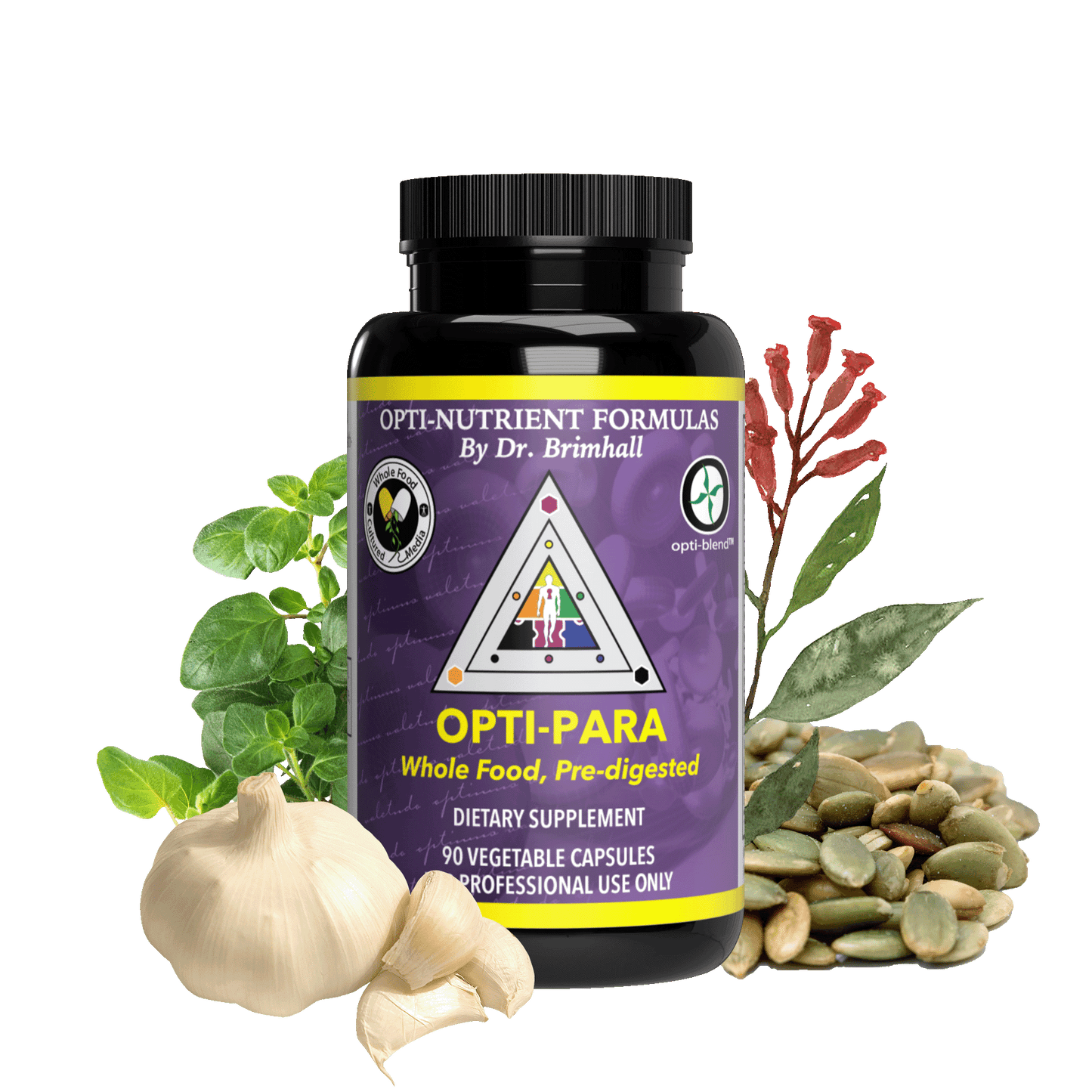 Image of a bottle of Opti-Nutrients Opti-Para. Around the bottle are Garlic, pumpkin seeds, clove flower, and oregano leaf.