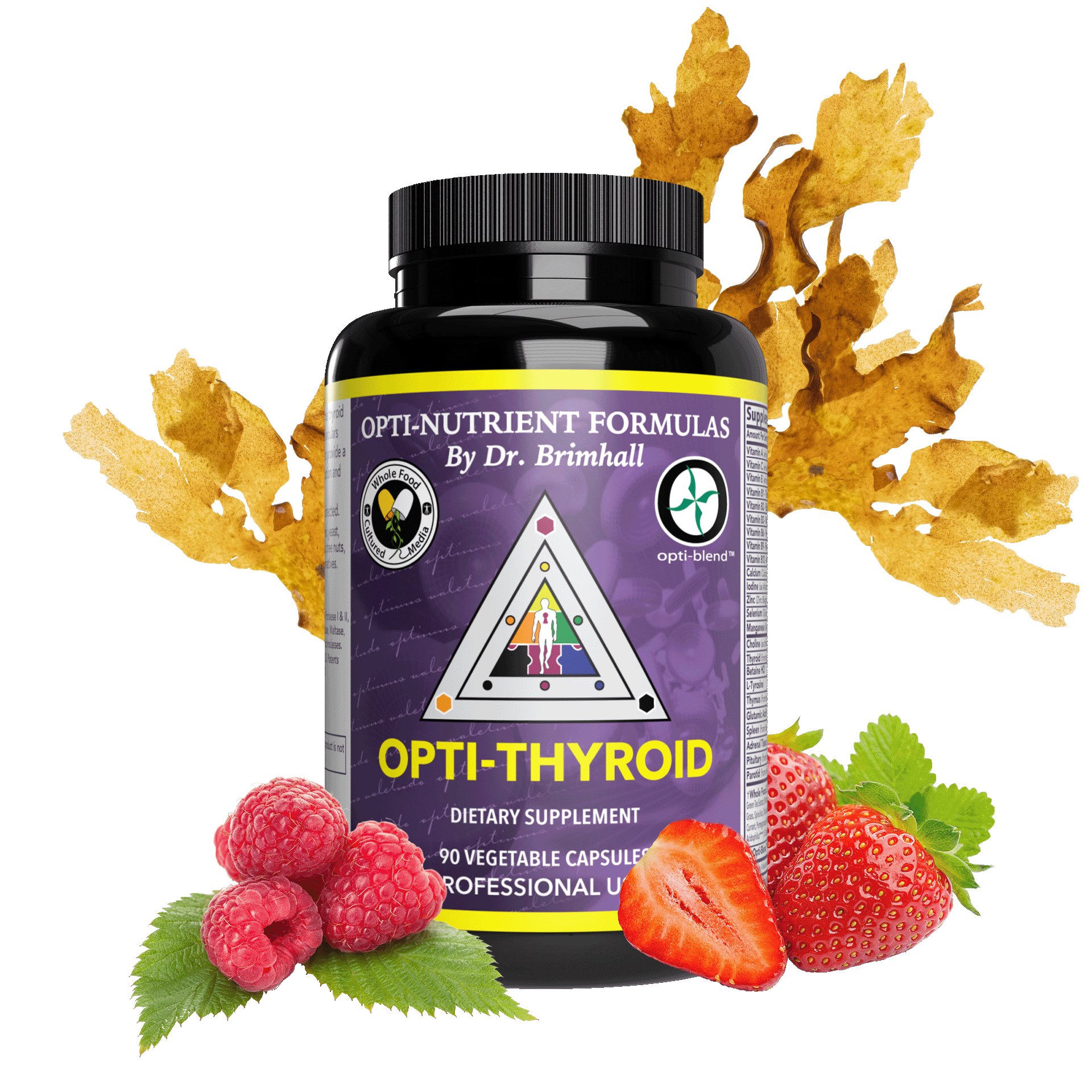 Image of a bottle of Opti-Nutrients Opti-Thyroid. Around the image are raspberries, kelp, and strawberries.