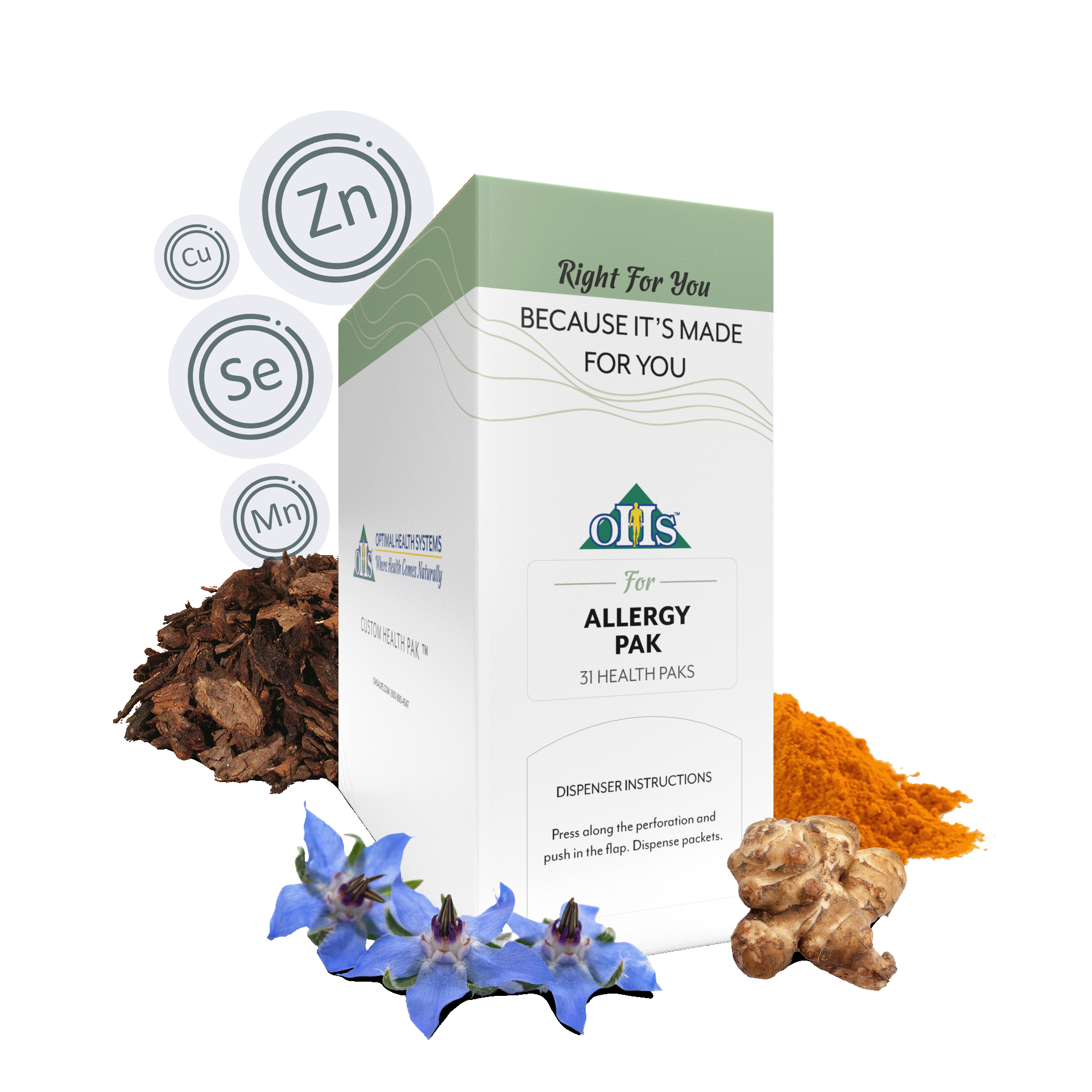 Image of an Optimal Allergy Pak. Around the pak are pine bark, turmeric, Jerusalem artichoke, and Borage flowers.