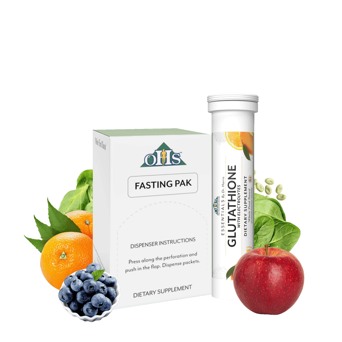 Image of Optimal Fasting Pak next to a tube of Glutathione with electrolytes. Around the products are some oranges, spinach, lima beans, blueberries, and an apple.