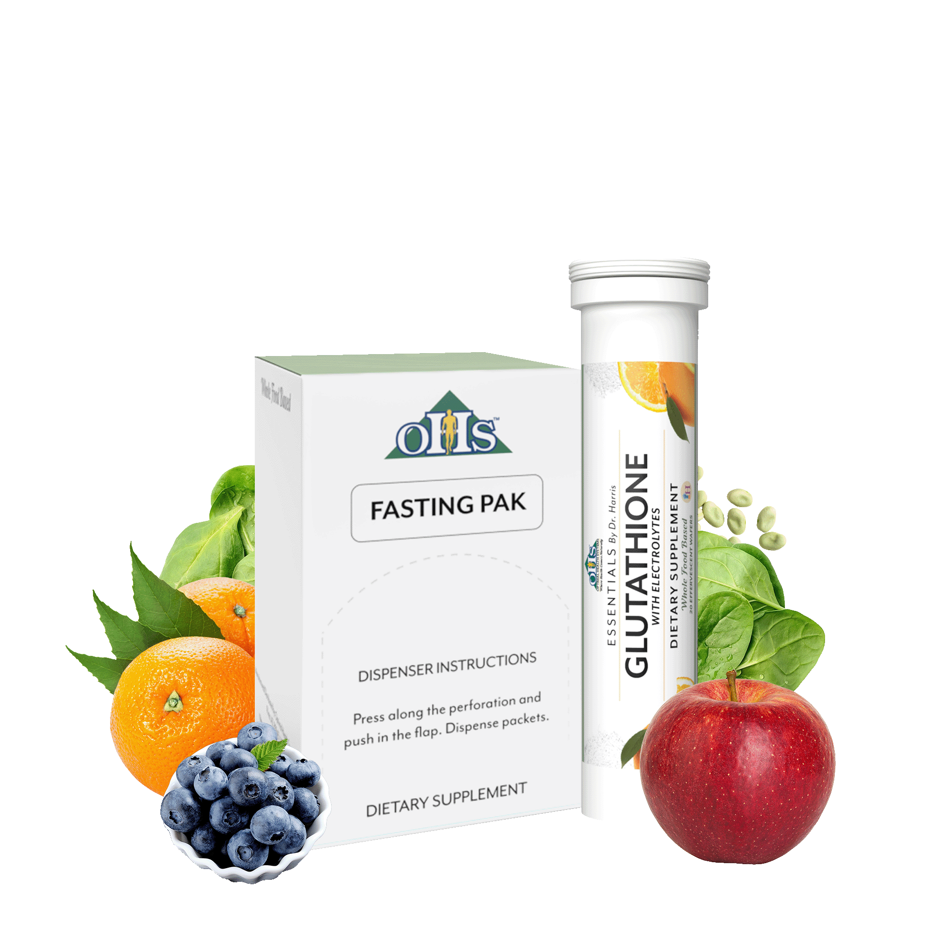 Image of Optimal Fasting Pak next to a tube of Glutathione with electrolytes. Around the products are some oranges, spinach, lima beans, blueberries, and an apple.