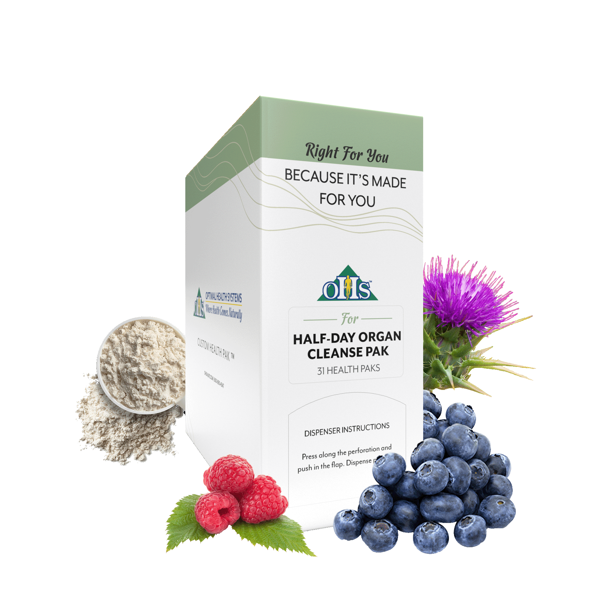 Image of an Optimal Half-Day Organ Cleanse Pak. Around the pak are raspberries, blueberries, milk thistle, and White powder.