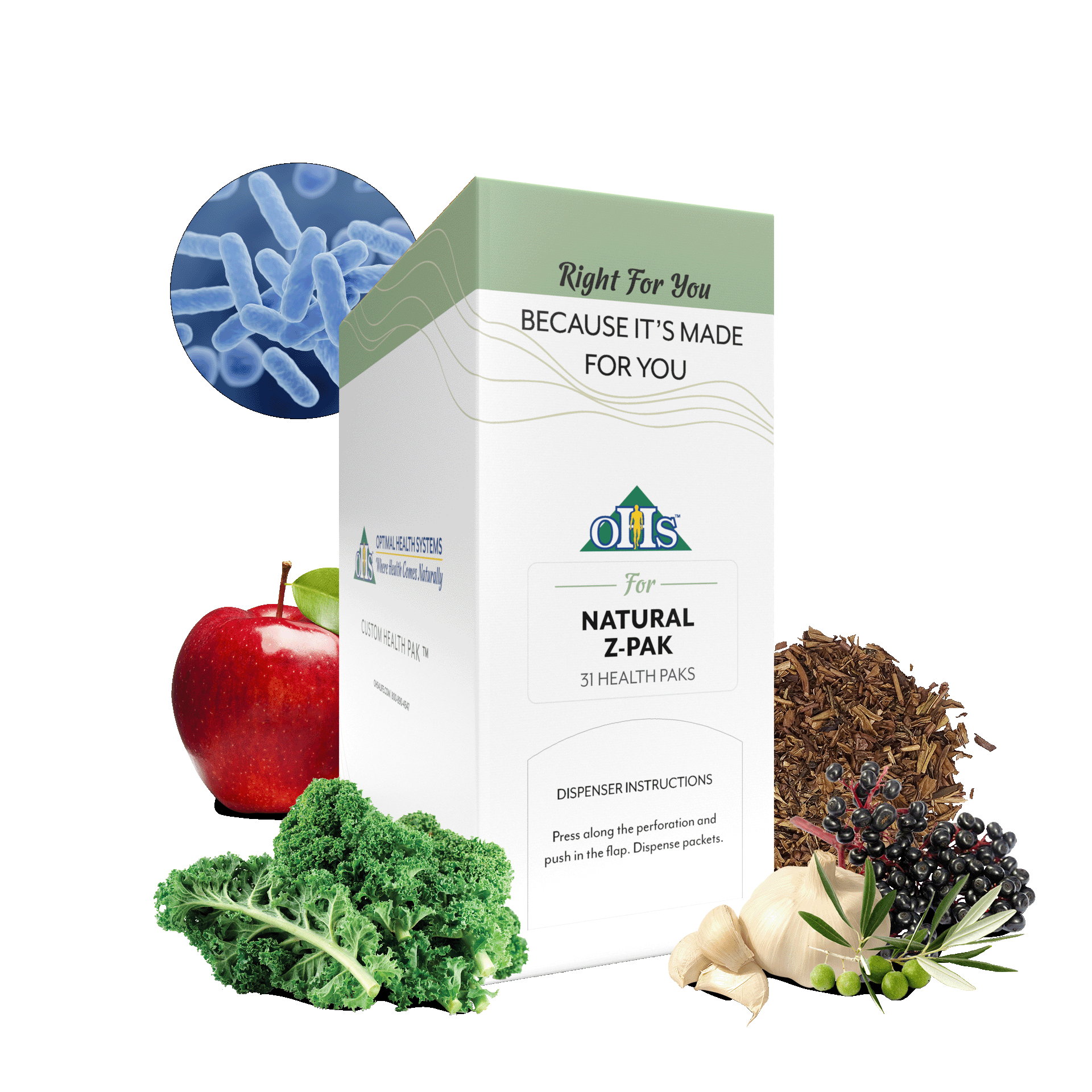 Image of an Optimal Natural Z Pak. Around the pak are green tea, elderberries, garlic, olive branch, and apple. Kale, and probiotics.