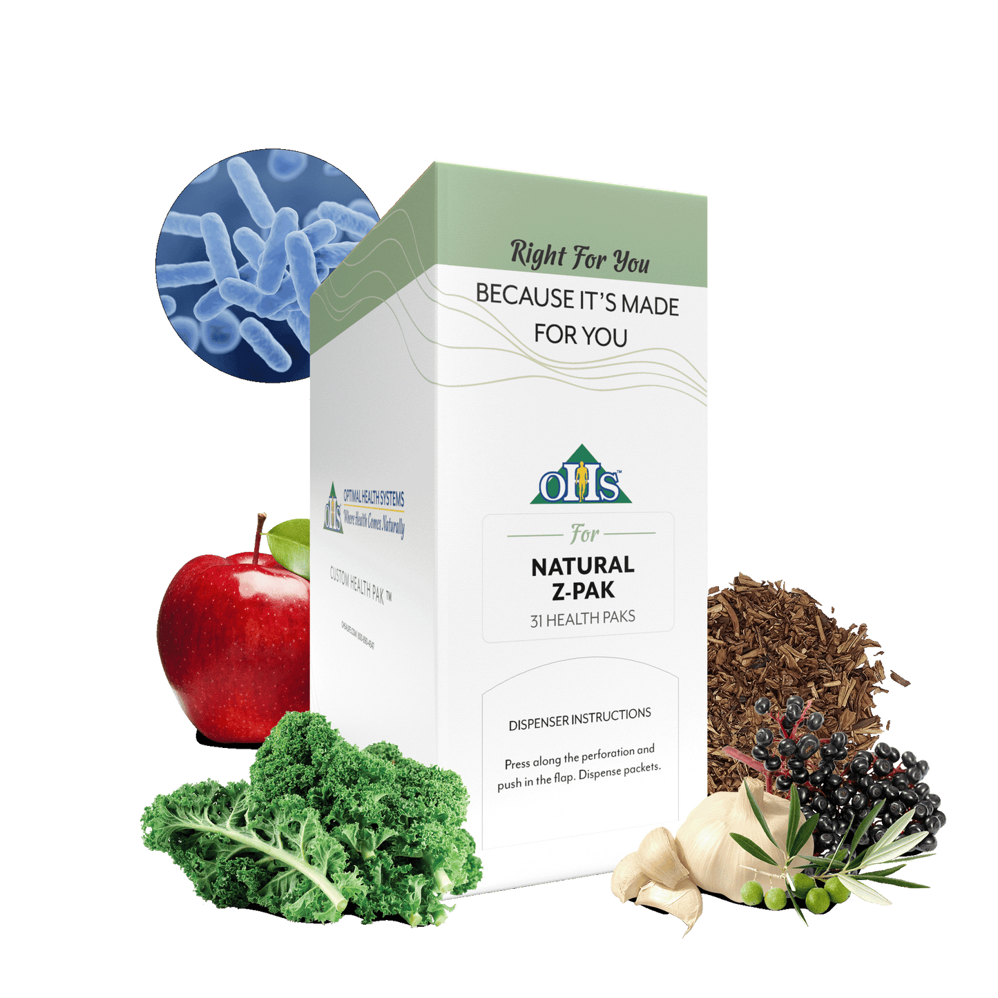 Image of an Optimal Natural Z Pak. Around the pak are green tea, elderberries, garlic, olive branch, and apple. Kale, and probiotics.