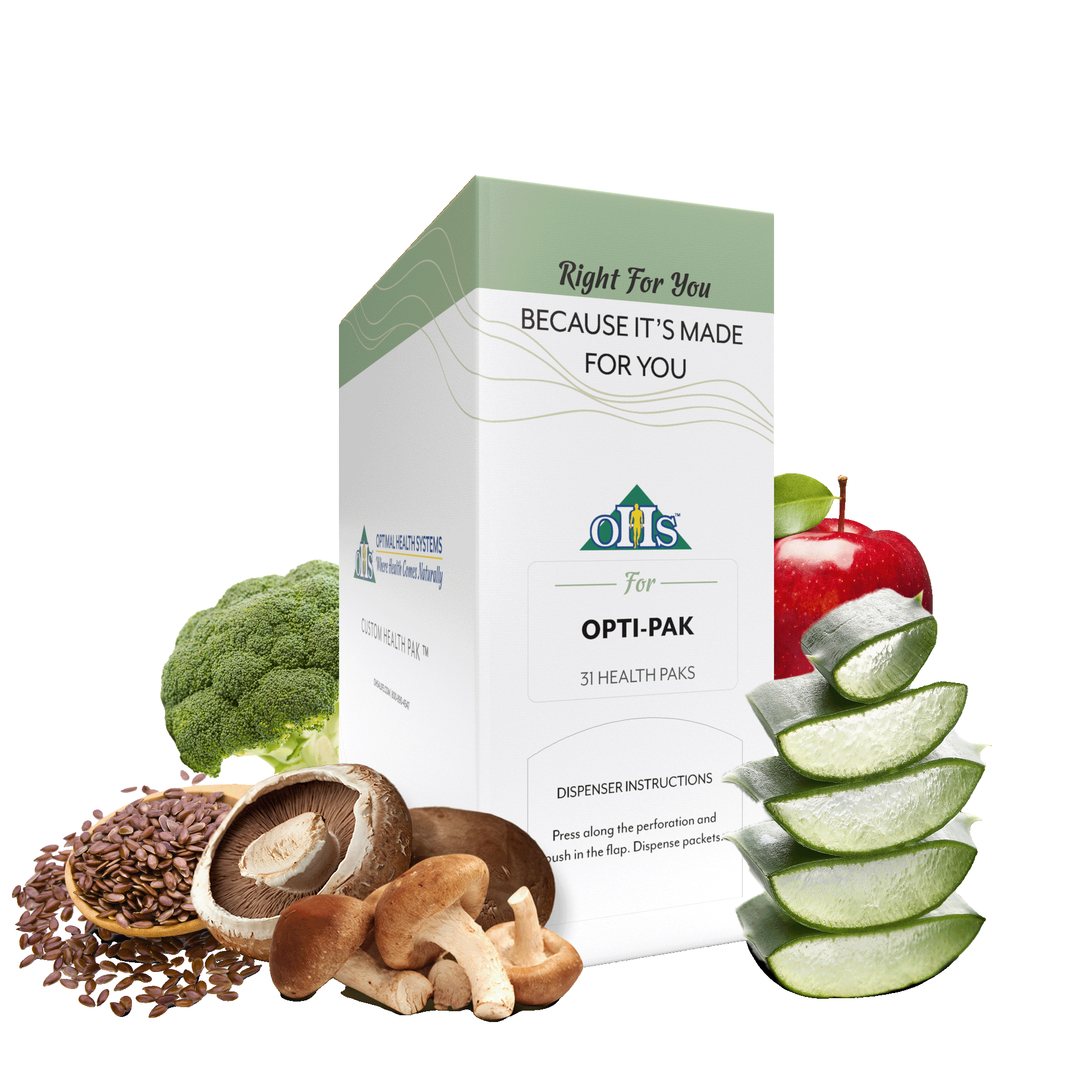 Image of an Optimal Opti-Pak. Around the pak are sliced aloe leaves, broccoli, mushrooms, an apple, and flax seeds.