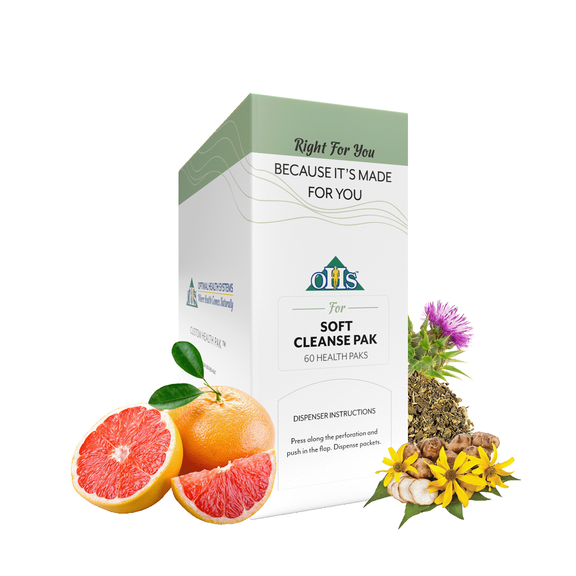Image of an Optimal Soft Cleanse Pak. Around the pak are Jerusalem artichoke, milk thistle, grapefruit, and barberry root.