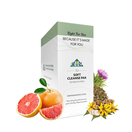 Image of an Optimal Soft Cleanse Pak. Around the pak are Jerusalem artichoke, milk thistle, grapefruit, and barberry root.