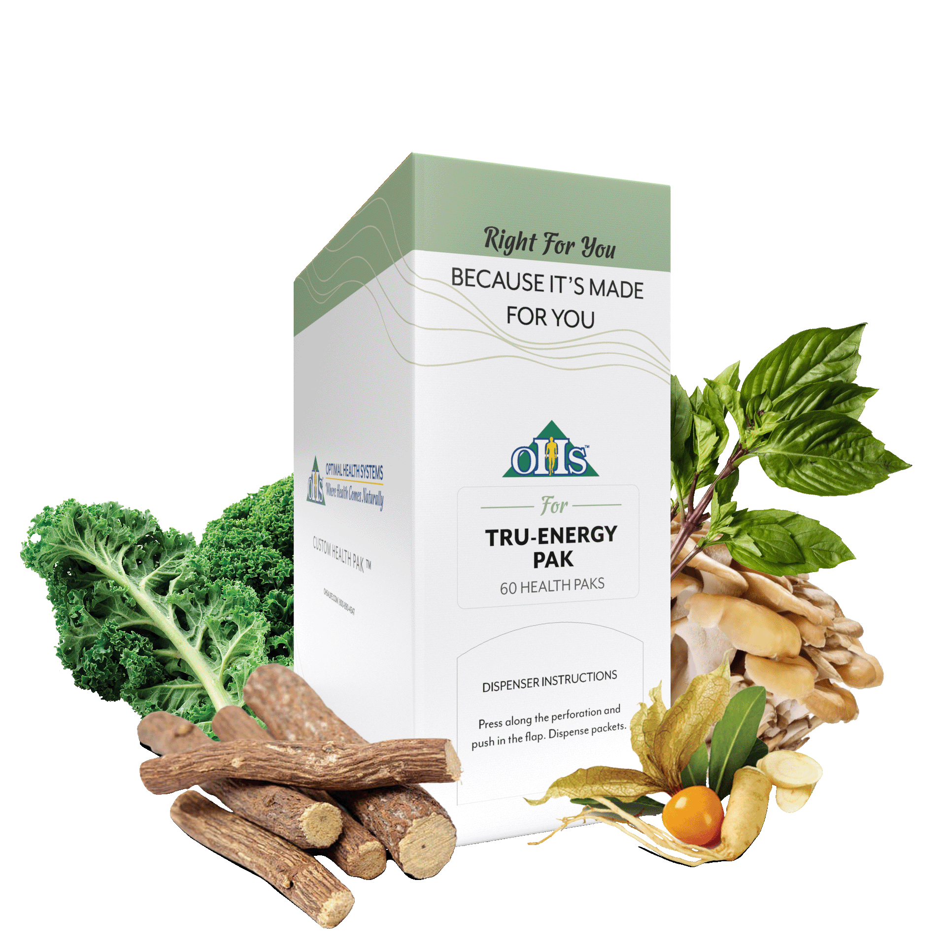 Image of an Optimal True-Energy Pak. Around the pak are maitake mushrooms, licorice root, Ashwagandha fruit, and kale.