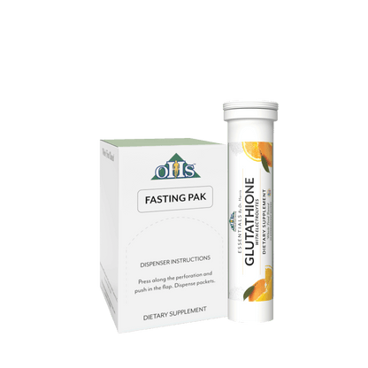 Image of Optimal Fasting Pak next to a tube of Glutathione with electrolytes.