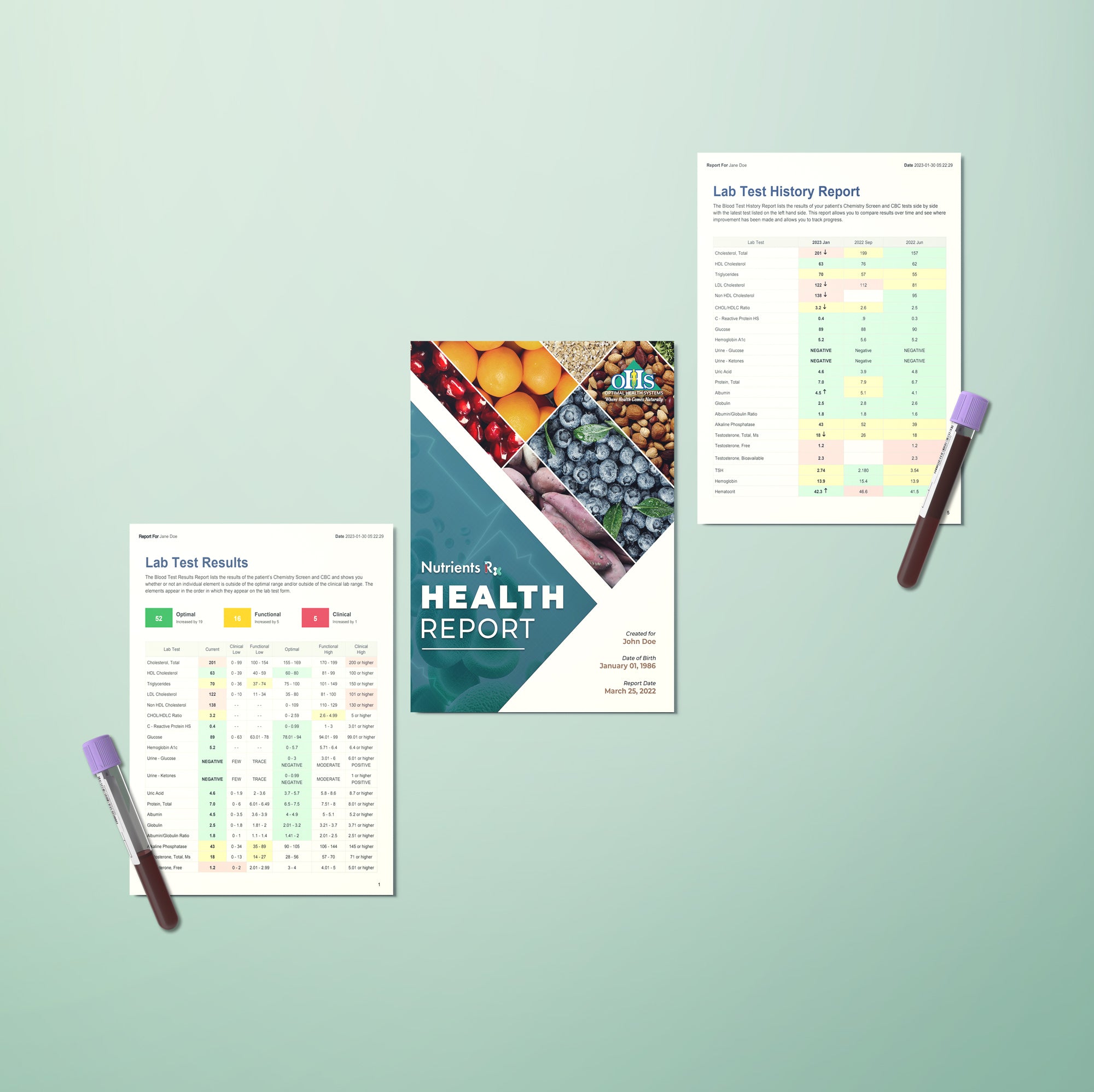 Image of a Nutrient RX Health Report and Lab Results. There are 2 vials of blood.