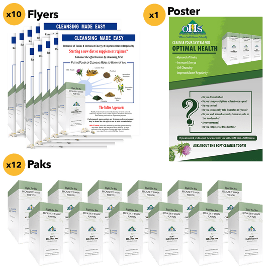 Image of what comes in the Soft Cleans EPED Bundle. 10 flyers, 1 poster, and 12 paks.