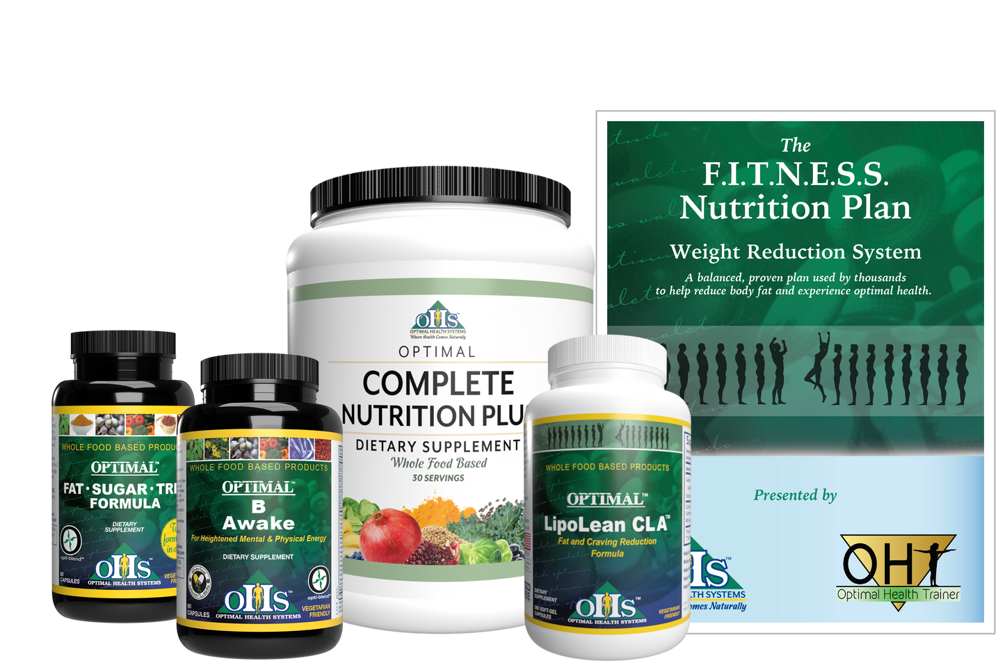 Image of a bottle of Fat Sugar Trim, B-awake, LipoLean CLA, Complete Nutrition Plus, and an F.I.T.N.E.S.S. Nutrition plan booklet.