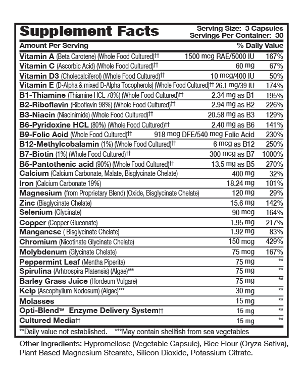 Optimal 2 Whole Food Vitamin Mineral Supplement Facts