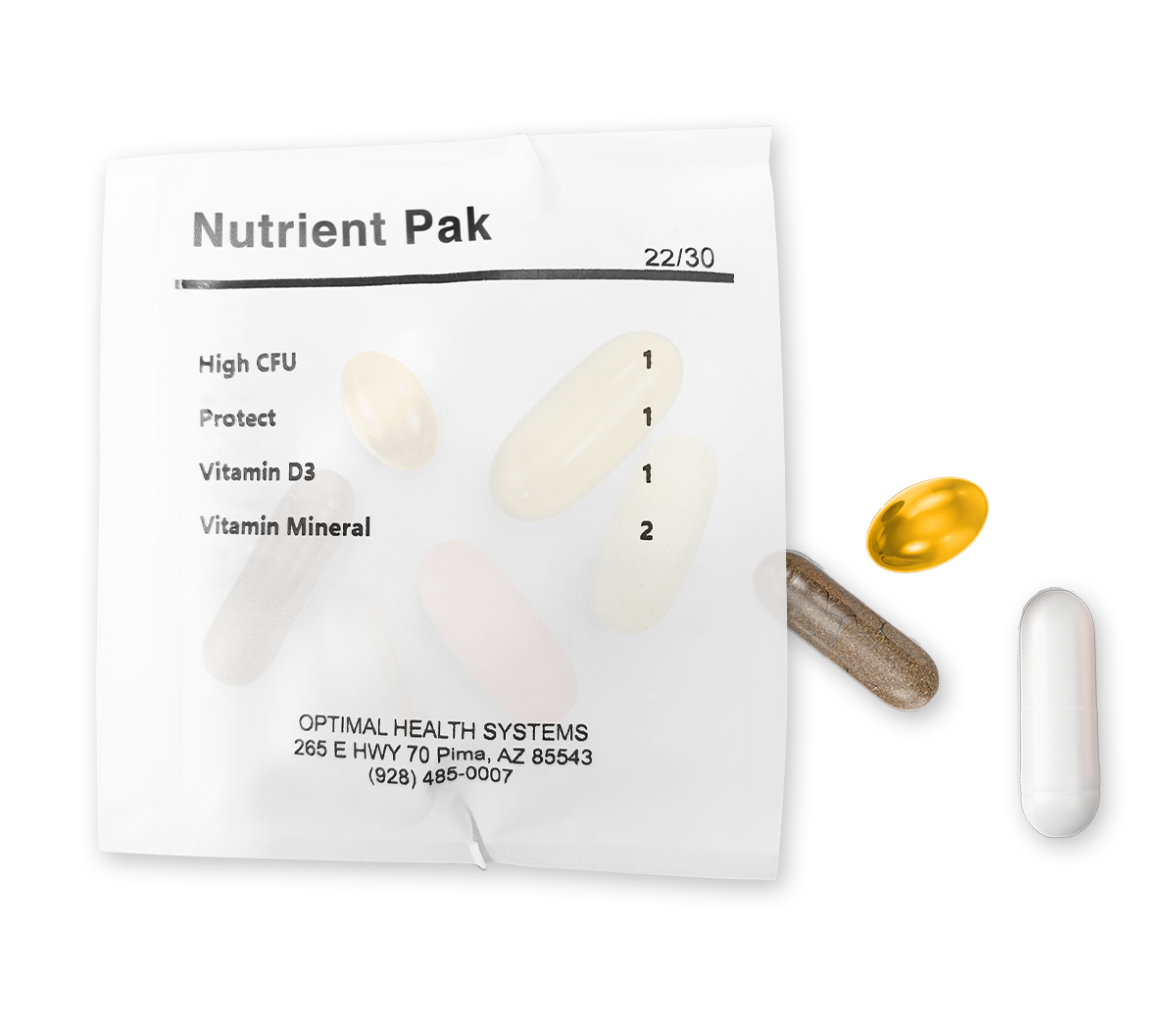 Image of an open packet with supplements coming out of it.