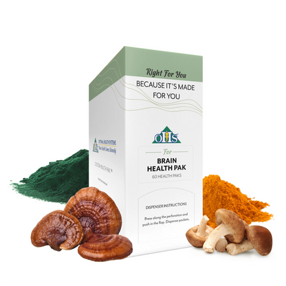 Image of an Optimal Brain Health Pak. Around the pak are Turmeric powder, mushrooms, and Spirulina.