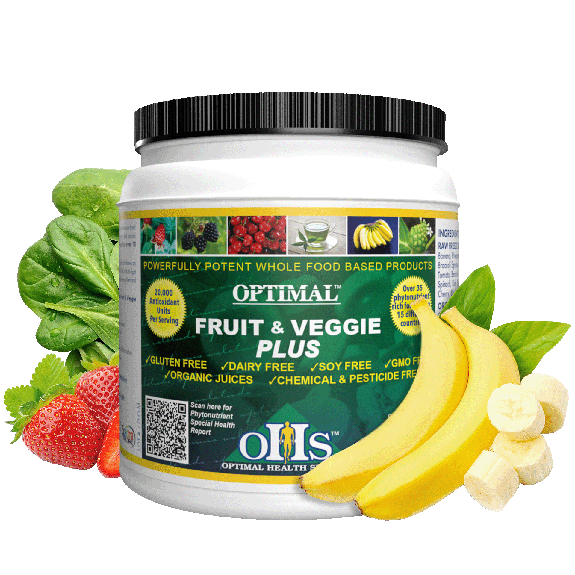 Image of a bottle of Optimal Fruit and Veggie Plus. Around the bottle are bananas, strawberries, and spinach.