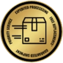 Image of a small gold icon with a box in motion. In a circle around the icon, it says Expedited Processing, Free Replacements, Priority service, and Guaranteed Shipment.