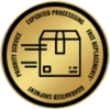 Image of a small gold icon with a box in motion. In a circle around the icon, it says Expedited Processing, Free Replacements, Priority service, and Guaranteed Shipment.